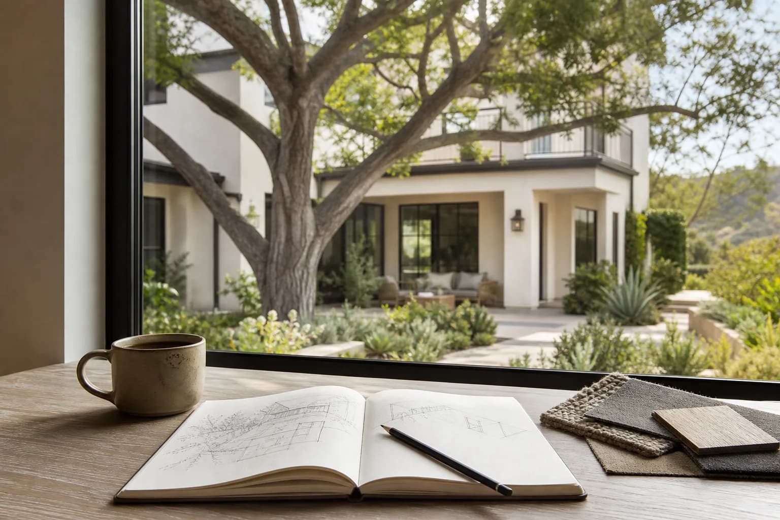 Editorial workspace overlooking a Los Angeles County custom home garden