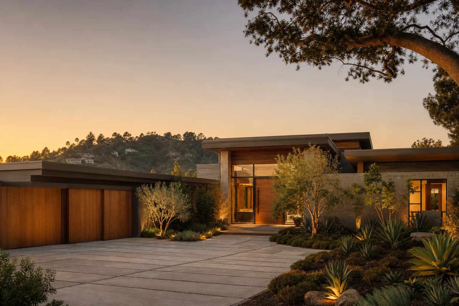 Los Angeles County luxury custom home exterior at golden hour